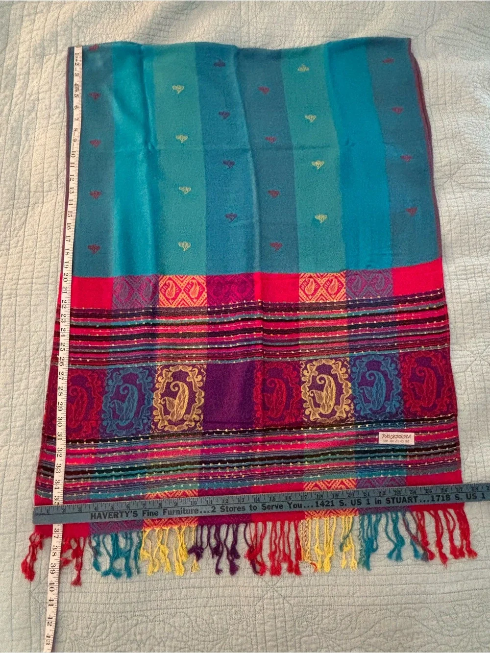 Gorgeous ethnic design pashmina scarf with tassels - large